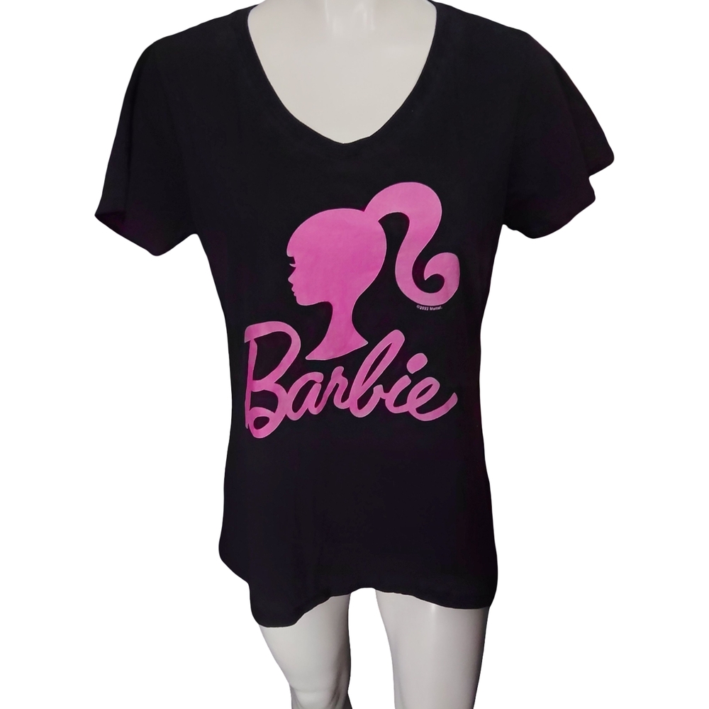 Matel barbie Black Tee with Pink Silhouette and Script Logo